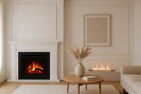 een foto van een kamer met een elektrische haard en bio ethanol haard