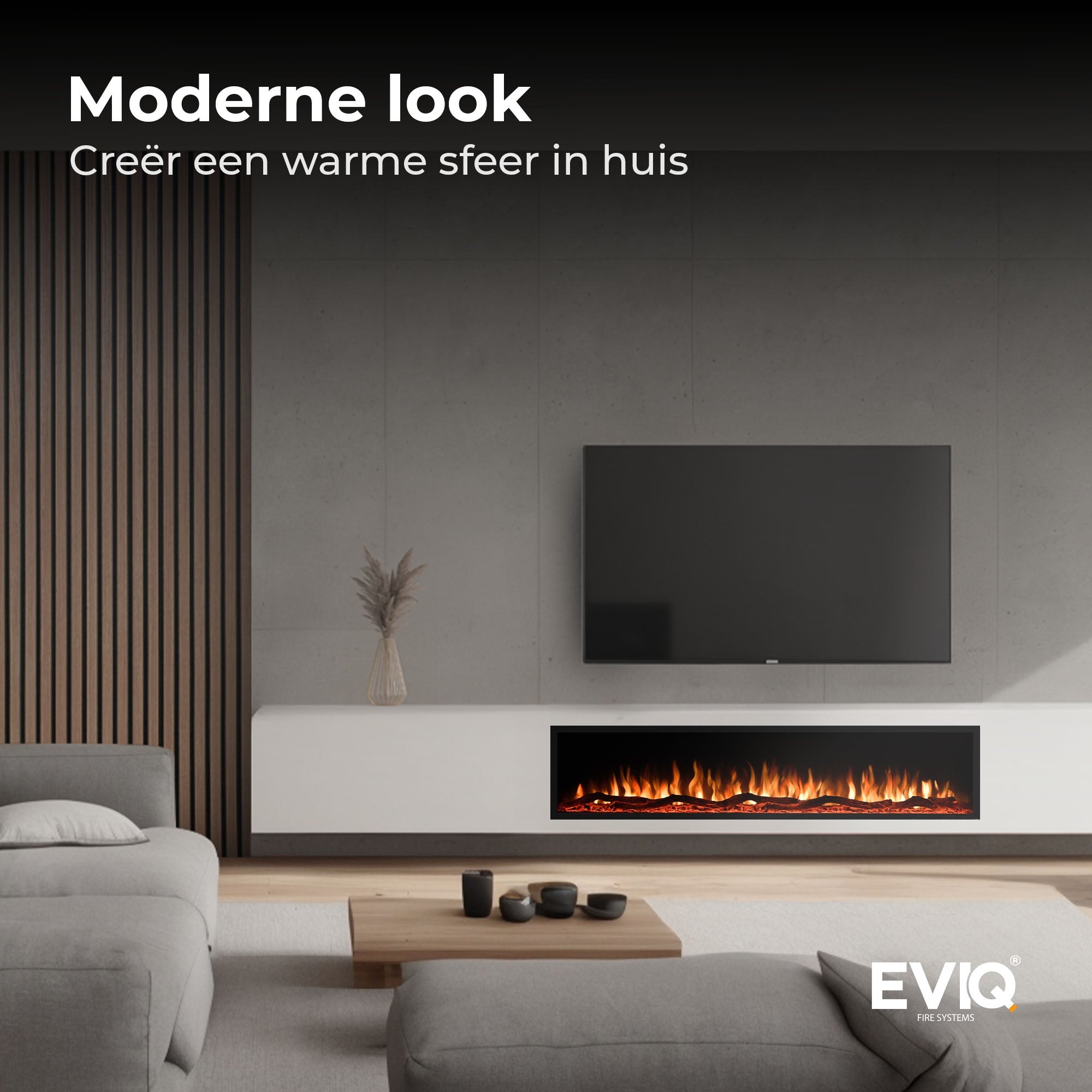 EVIQ sfeerhaard Deluxe 42 inch in moderne woonkamer wand verwerkt